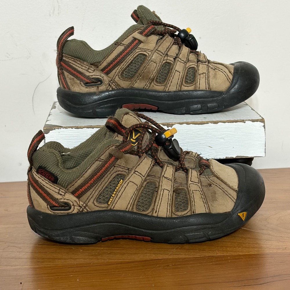 KEEN Targhee Kids Waterproof Hiking Shoes Brown Olive Orange Bungee Lace Low Top